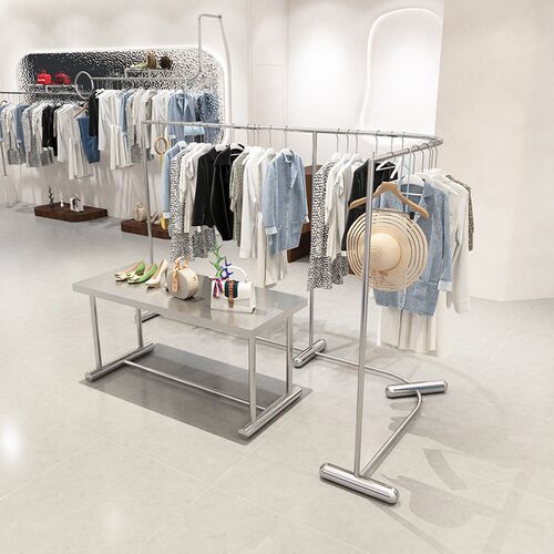服装店女装不锈钢拐角落地挂衣架童装店展示架弧形衣架陈列货架