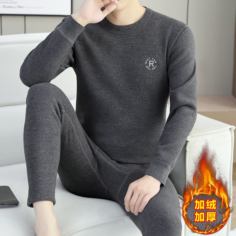 中老年人秋冬季爸爸装发热保暖内衣男士加绒加厚防寒秋衣秋裤套装