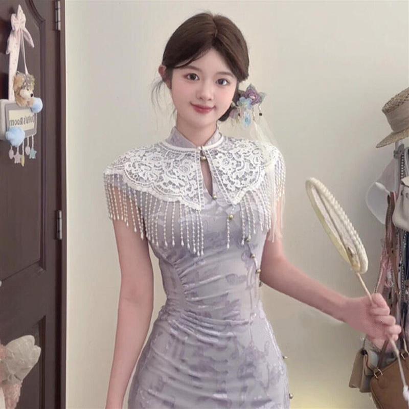 结婚订婚白色蕾丝珍珠流苏披肩新中式旗袍云肩古风气质配饰坎肩潮