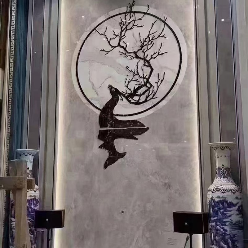 轻奢复式楼背景墙微晶岩板玄关理石瓷砖简约现代别墅挑空中空客厅