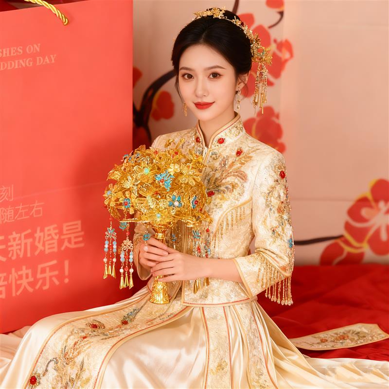 金色手捧花新娘结婚diy材料包婚礼秀禾服旗袍成品金属新花束权杖