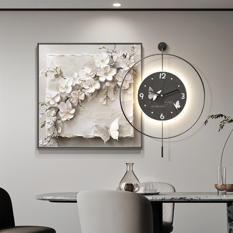 高级感花卉挂钟餐厅装饰画浮雕立体感餐桌墙时钟挂画客厅钟表壁画