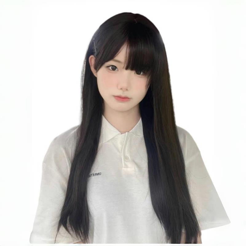 假发女齐刘海棕黑色长直发圆脸lolita日常万用黑长直JK假发全头套
