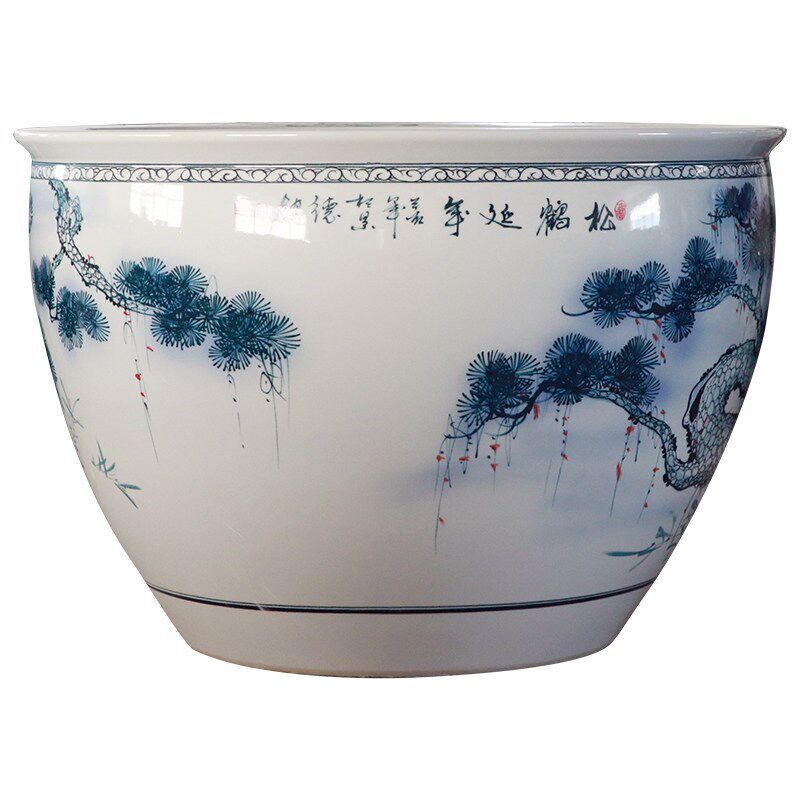 景德镇手绘松鹤延年陶瓷大号鱼缸客厅书画缸庭院养乌龟荷花盆造景