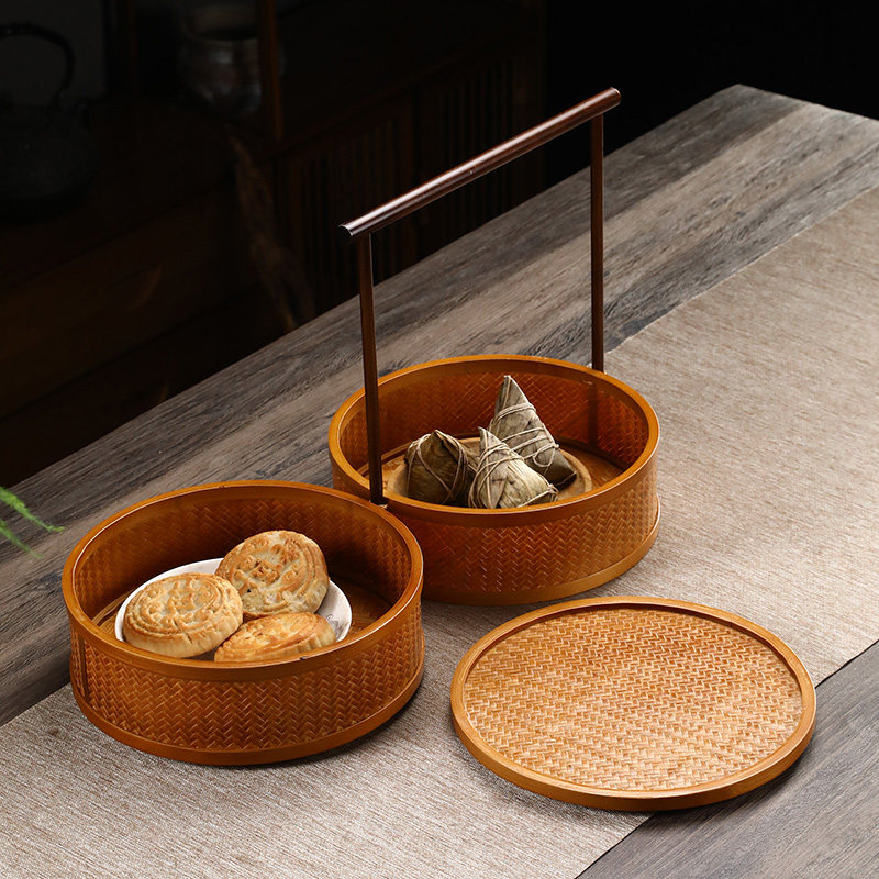 竹编手提双层篮复古提篮食盒多层带盖茶箱功夫茶具收纳盒送餐篮