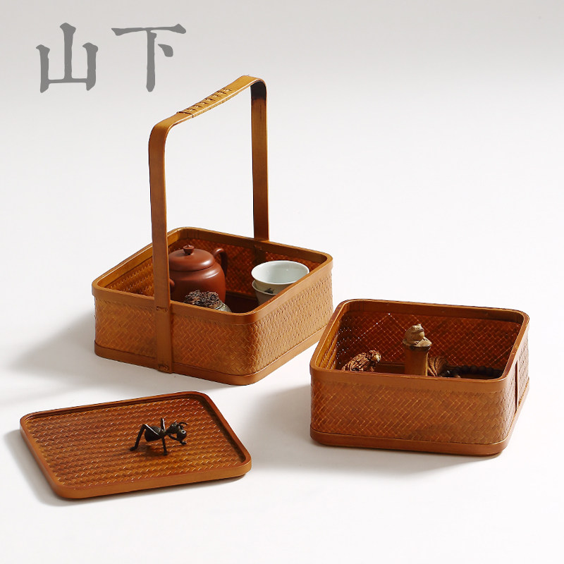 日式竹编收纳篮双层小食盒提篮茶具收纳盒碟子多层糖水果篮子旅行