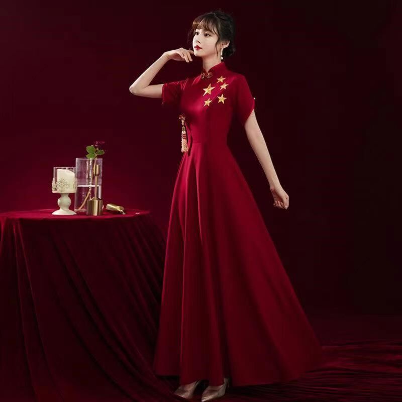 大合唱团演出服女长裙红色主持人红歌诗朗诵旗袍比赛十一晚礼服装