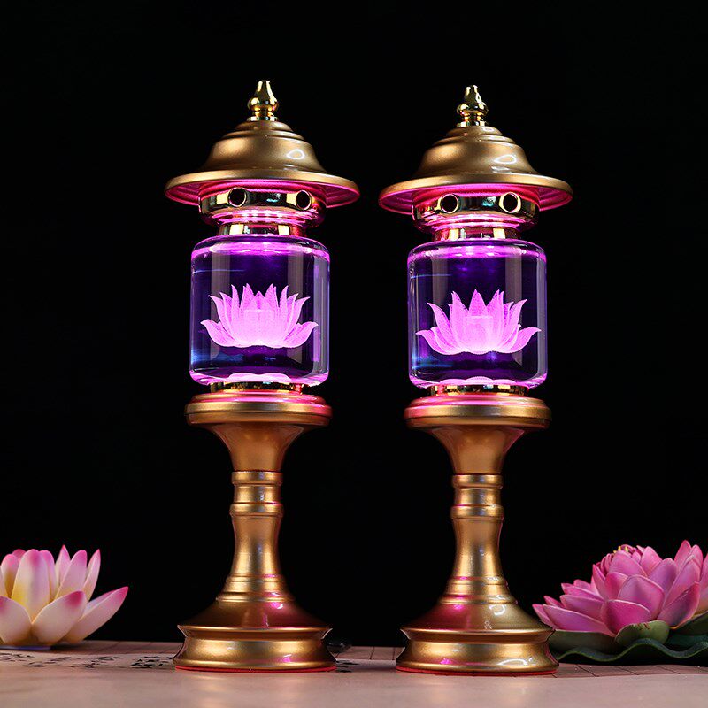 led水晶七彩变光神社灯佛家莲花灯佛前佛供灯观音家用插电长明灯