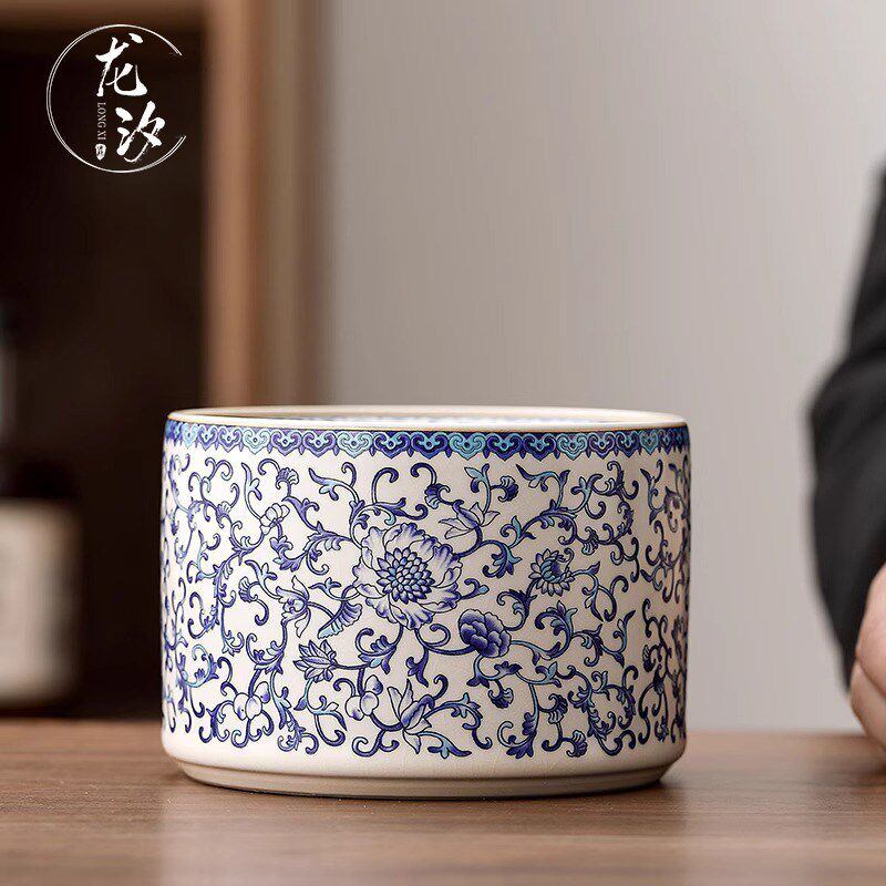 汝窑青花茶渣缸家用大号杯洗茶缸漏斗烟灰缸仿灰飞陶瓷洗茶器建水