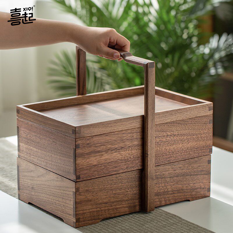 黑胡桃实木多层手提盒 新中式食盒茶空间茶盒干果茶点茶具收纳盒