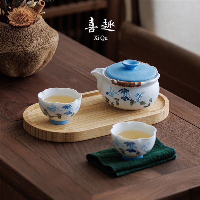 喜趣栖香手绘快客杯一壶两杯户外便携旅行功夫茶具套装泡茶壶送礼