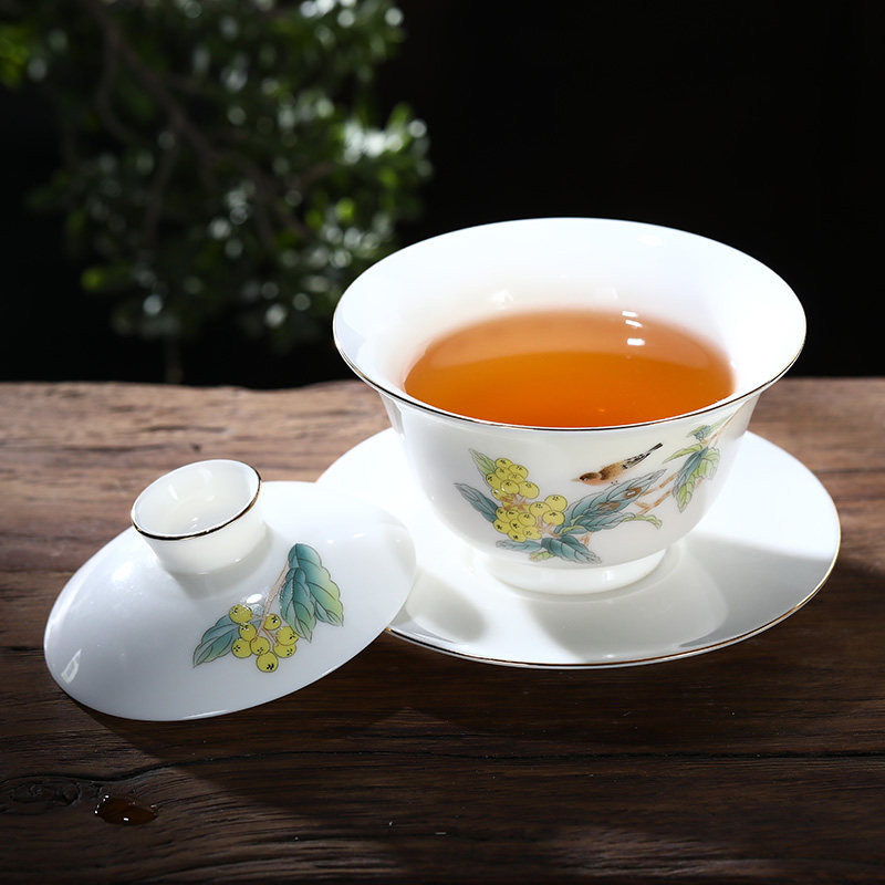 羊脂玉陶瓷盖碗白瓷茶碗带盖单个三才碗家用功夫泡茶具茶备茶盅