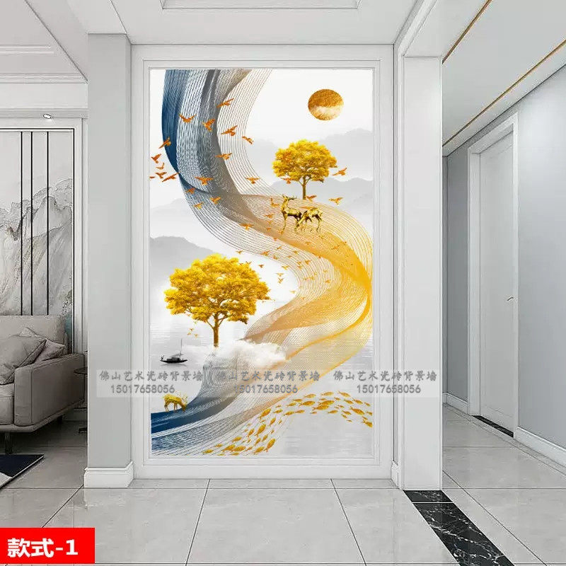 过道玄关画瓷砖岩板背景墙微晶石大理石雕刻立体抽象新中式发财树