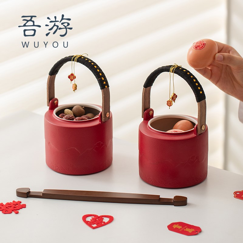 子孙桶一对婚庆用品中式结婚喜庆宝桶新娘陪嫁嫁妆陶瓷小喜桶红桶