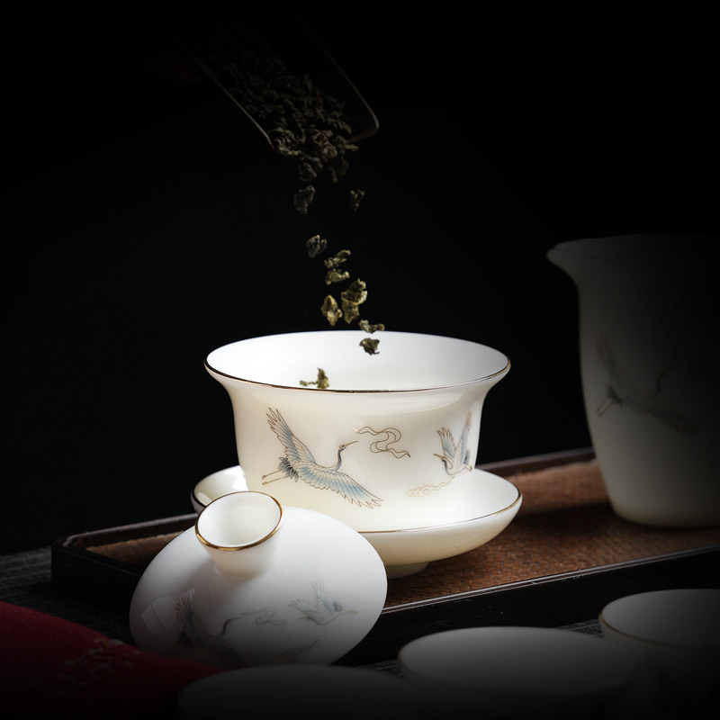 羊脂玉茶具玻璃功夫红茶高档套装不烫手盖碗泡茶家用送礼茶杯轻奢