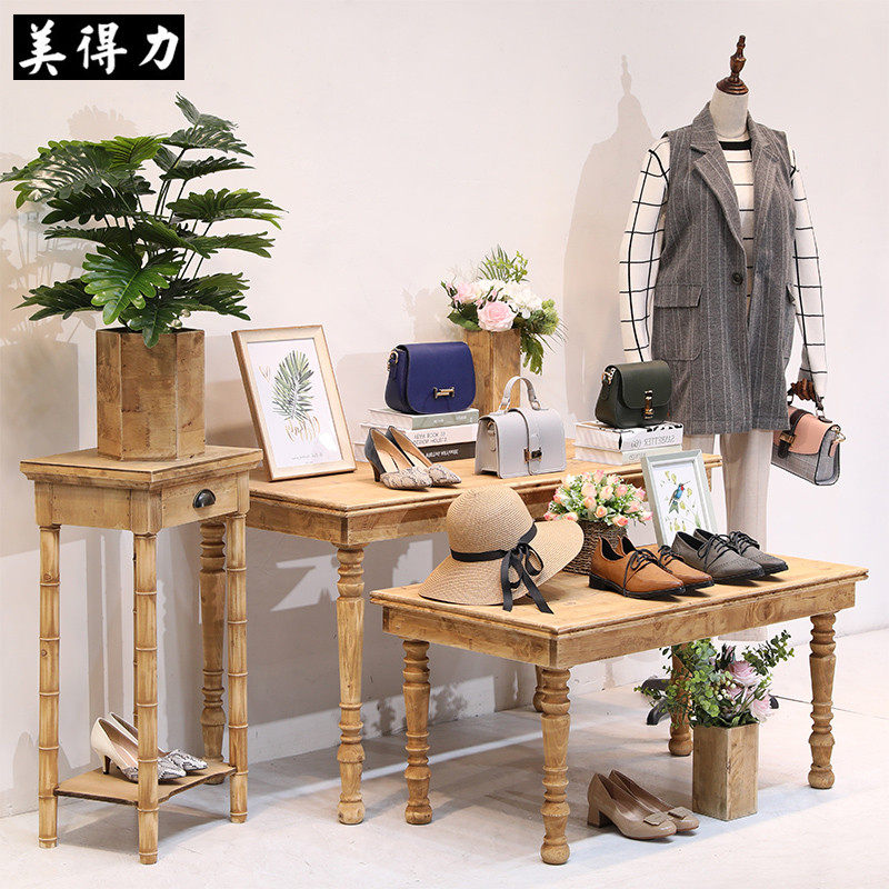 服装店展示架落地式实木中岛架女装店装饰高低流水台复古展示桌子