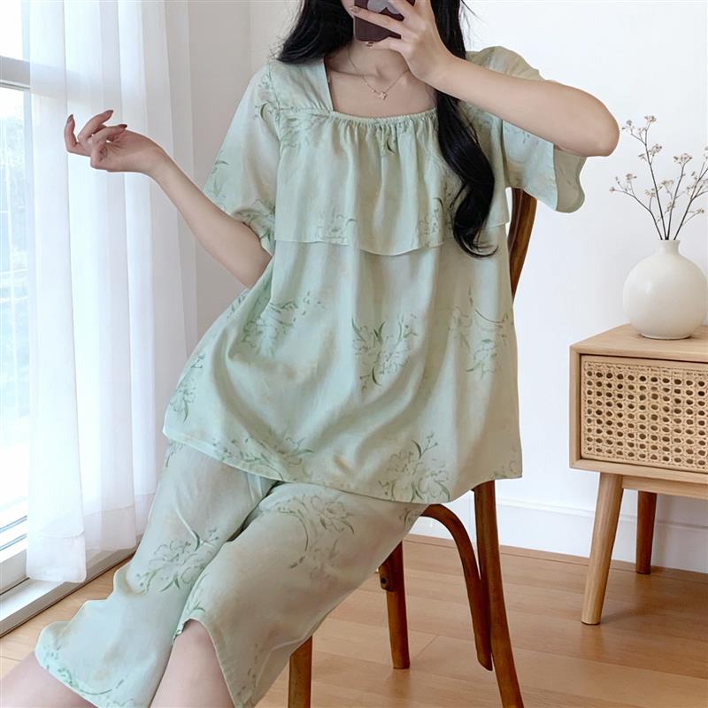 棉绸睡衣套装女夏季薄款短袖五分裤大码防凸点可外穿家居服两件套