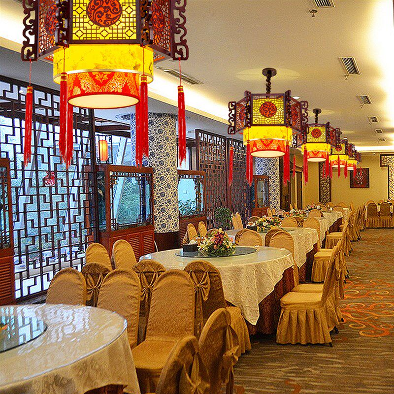 中式复古吊灯实木火锅店餐厅古典宫廷灯笼饭店包间大厅羊皮灯具