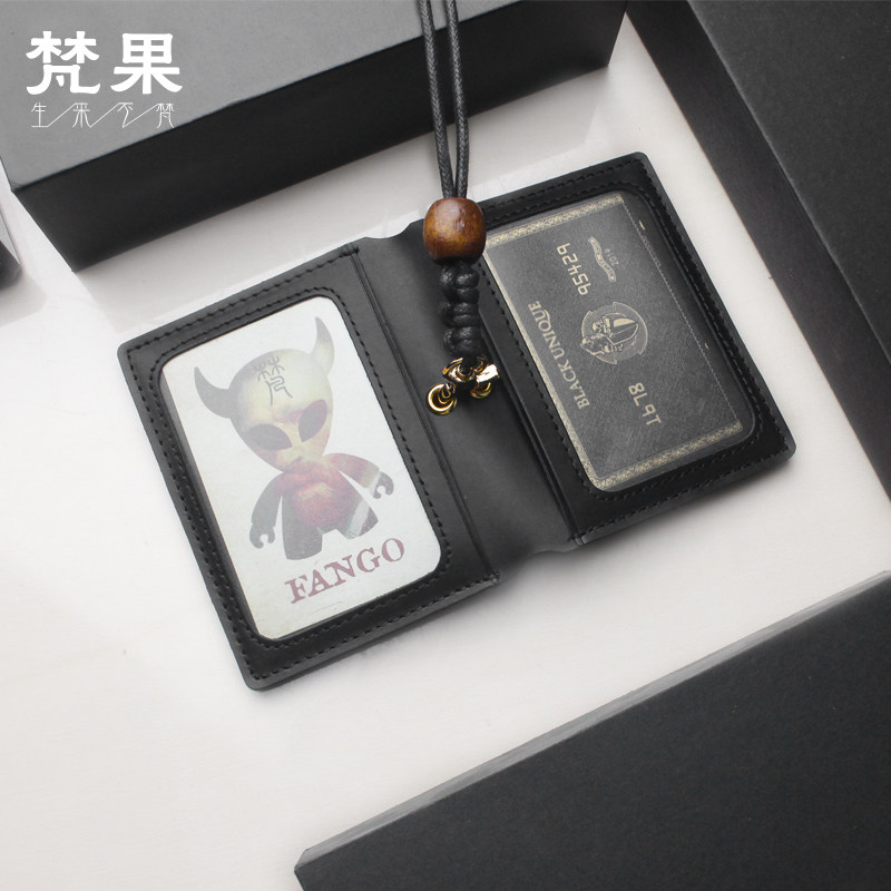 手工牛皮工作证件套挂绳员工厂牌卡套公交地铁卡包胸牌真皮门禁套