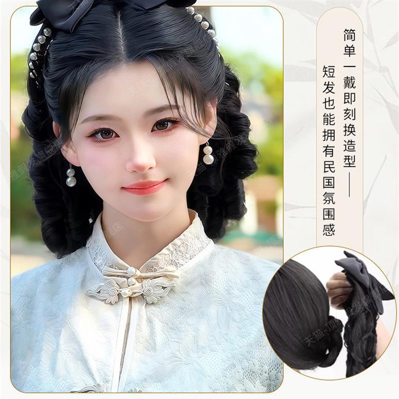 马尾假发女民国风黑色罗马卷蝴蝶结抓夹发饰中式旗袍发髻马尾假发
