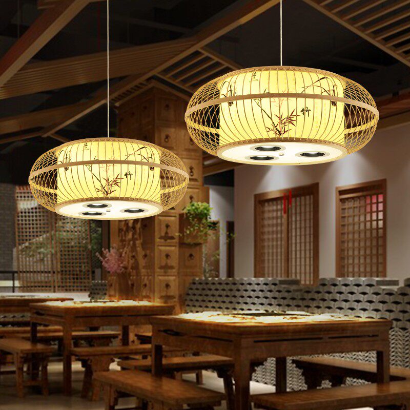 中式竹编餐厅店铺火锅店吊灯带射灯商用餐饮饭店包厢专用竹艺灯笼