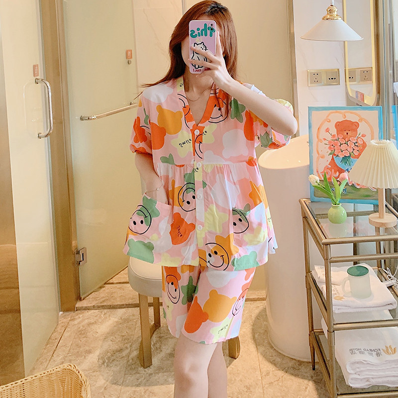 棉绸睡衣女夏季薄款短袖女款睡衣大码宽松清新可爱绵绸家居服套装
