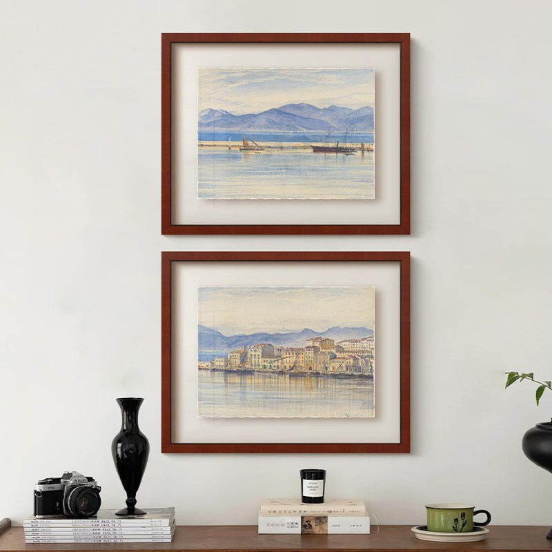 静海》蓝色水彩风景画南法风复古艺术客厅装饰画法式餐厅玄关挂画