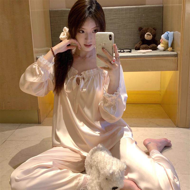 大码纯欲风冰丝睡衣女春夏款拼接蕾丝边冰雪丝长袖家居服套装春季