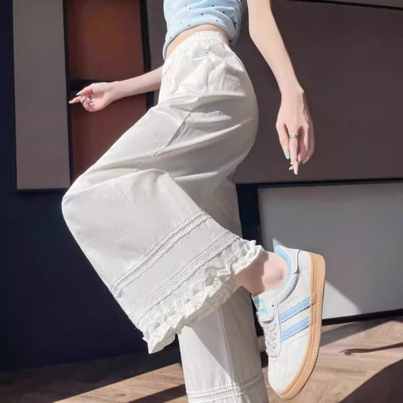 白色蕾丝花边阔腿裤女夏季薄款高腰宽松显瘦慵懒九分直筒休闲裤子
