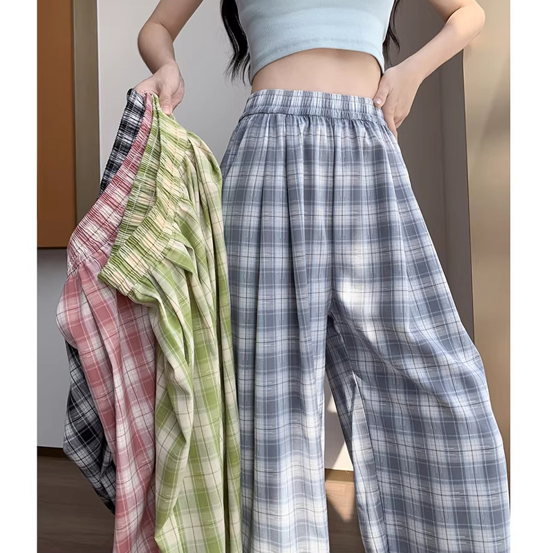 多巴胺格子阔腿裤女夏季薄款韩版高腰宽松显瘦慵懒风直筒休闲裤子