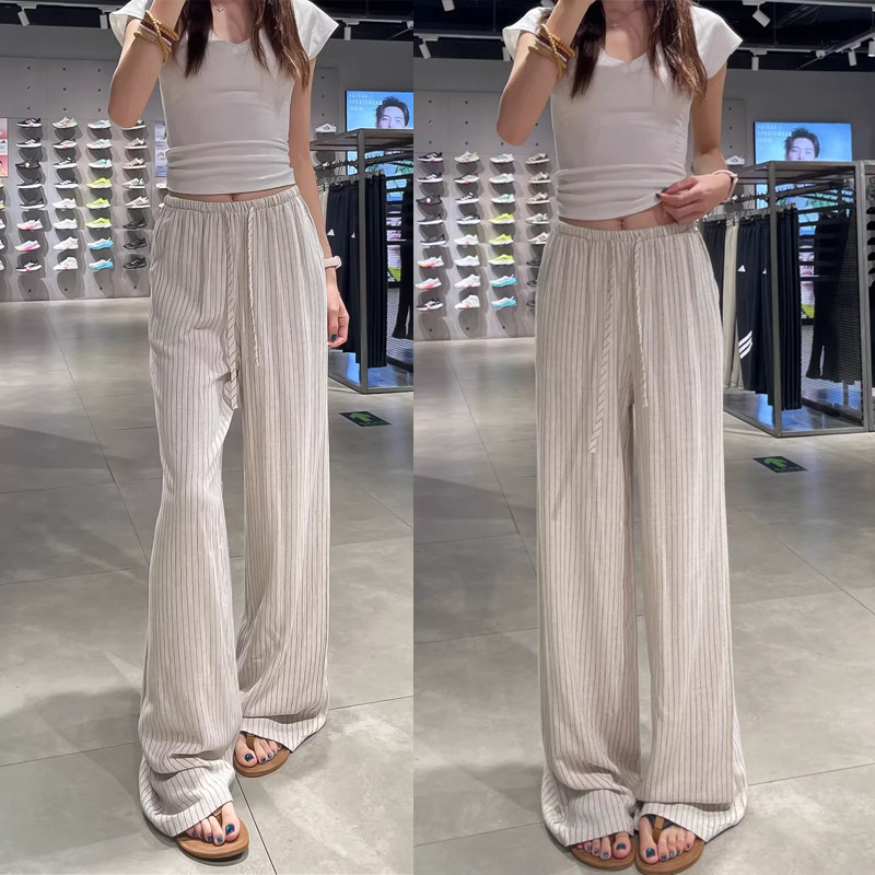 日系条纹亚麻阔腿裤女夏季薄款高腰显瘦垂感慵懒小个子直筒休闲裤