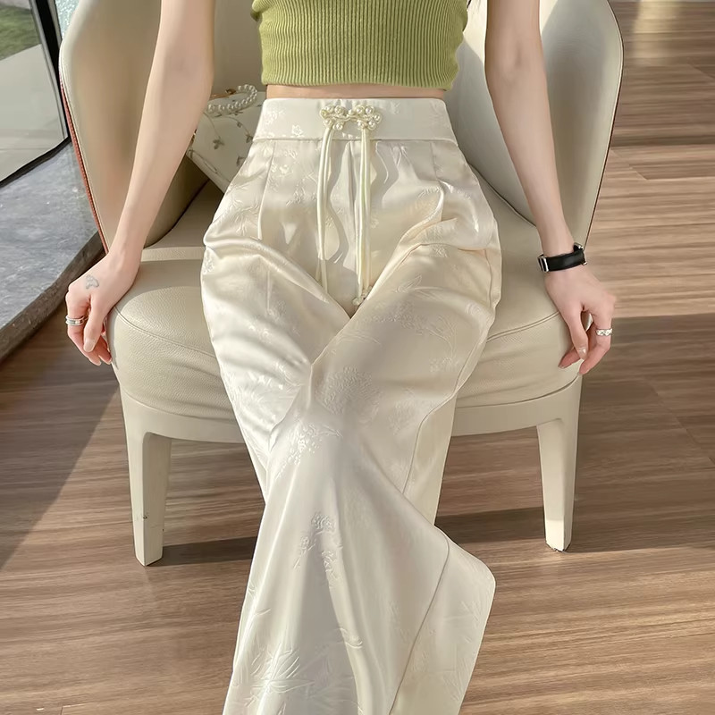 新中式冰丝休闲裤子女士春夏季薄款中国风提花高腰显瘦宽松阔腿裤