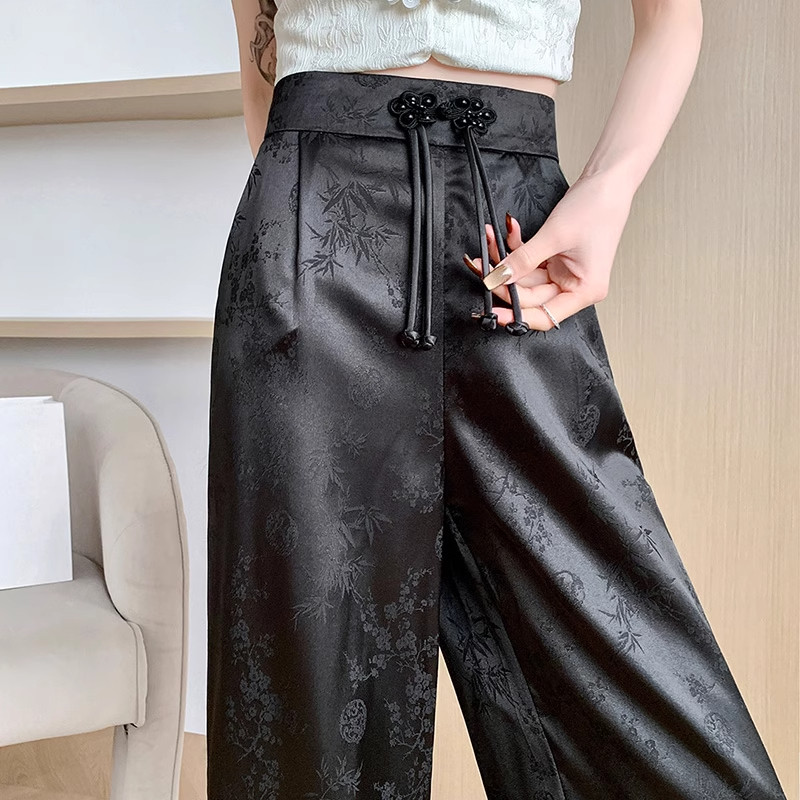 新中式薄款冰丝休闲裤子女夏季高腰宽松显瘦中国风盘扣提花阔腿裤