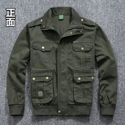 春秋季宽松版长袖工装上衣多口袋男款斜纹棉耐磨夹克式工作服上衣