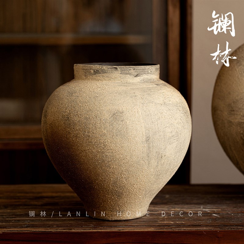 新中式台面陶瓷花瓶景德镇侘寂风粗陶罐子复古土陶粗糙感花盆灼器