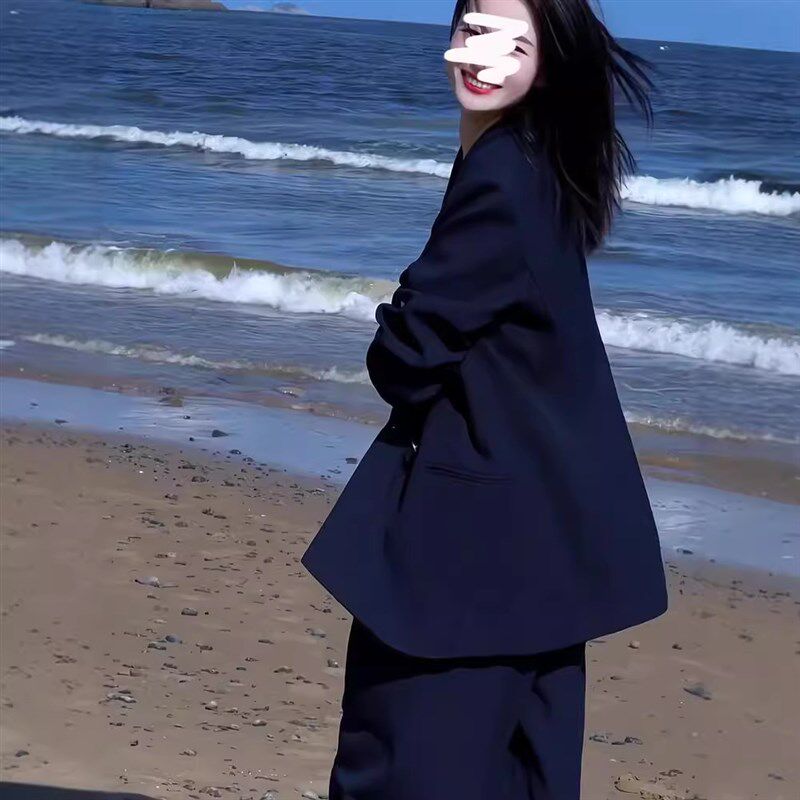 大码女装藏青西装套装胖mm秋季新款高级感休闲宽松时尚西服两件套