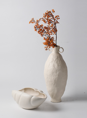 复古新中式侘寂风手工陶瓷双耳小口大花瓶花器果盘摆件样板间装饰