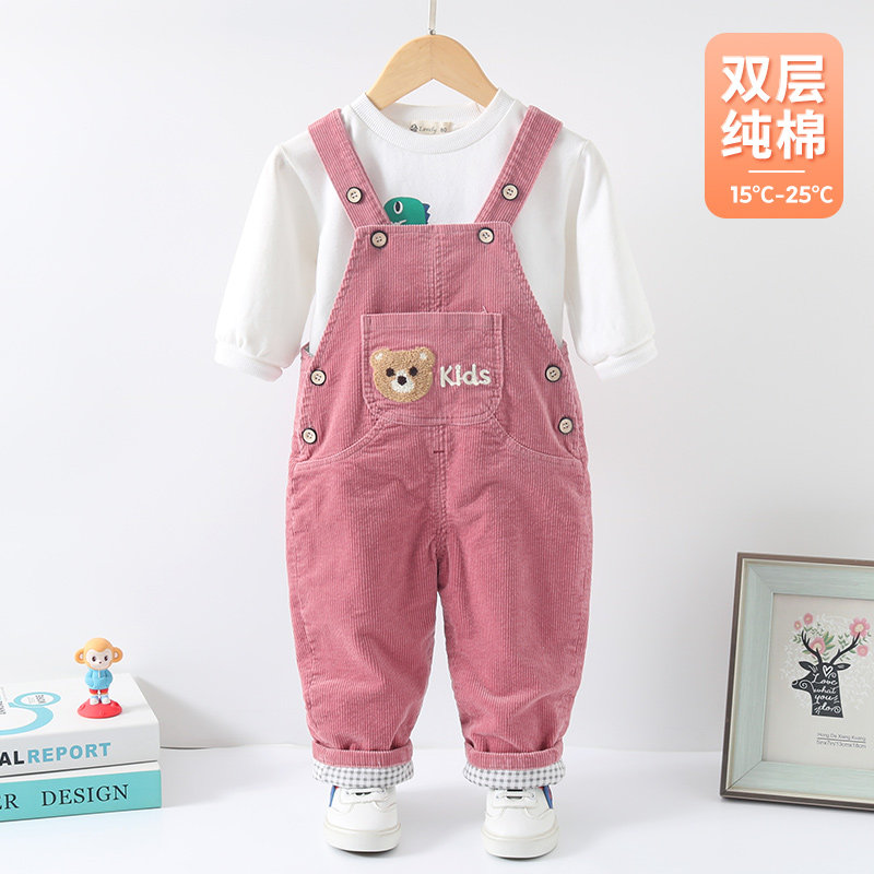 宝宝背带裤春秋双层纯棉男童2023新款一岁儿童灯芯绒婴儿春季裤子