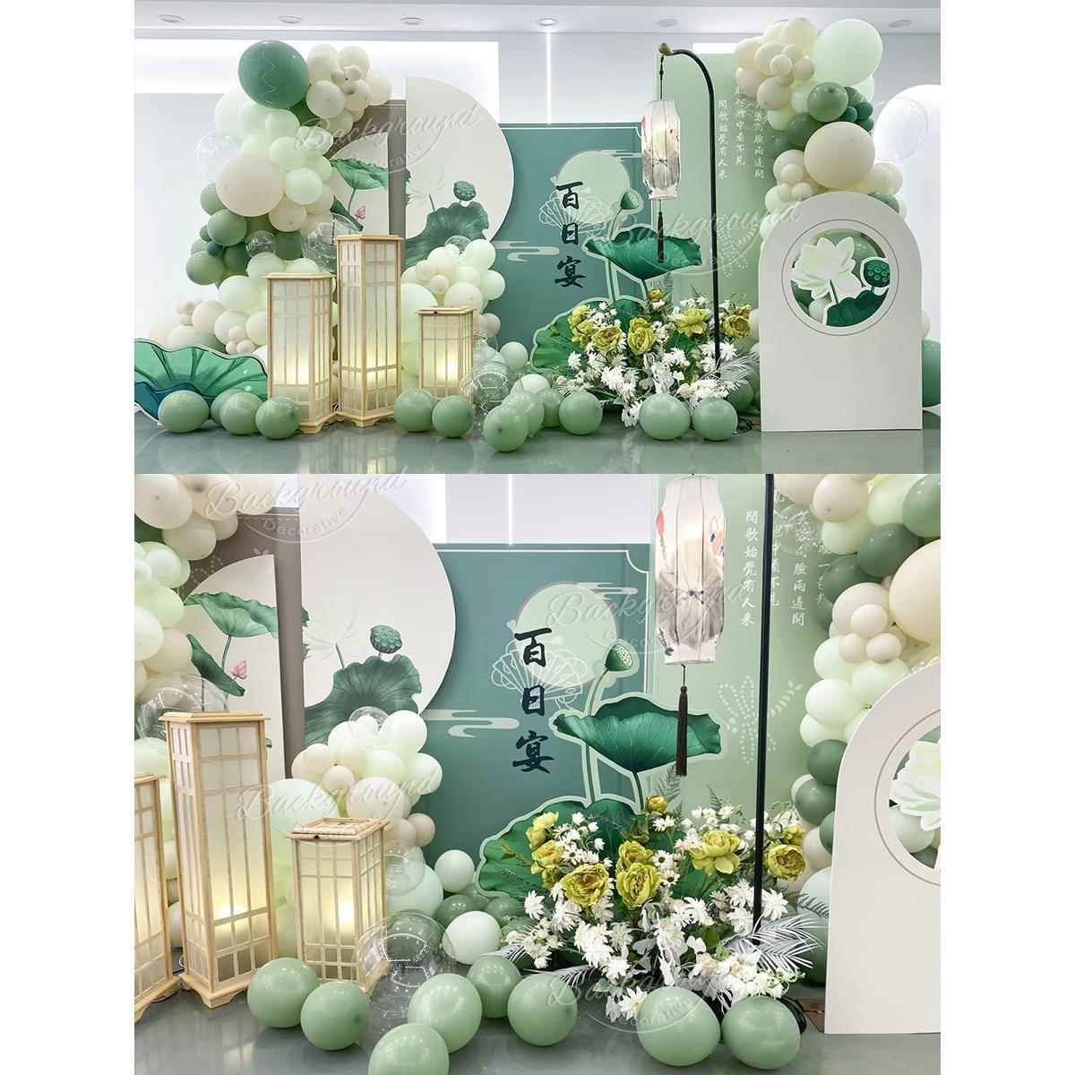 新中式荷花背景kt板百日1周岁生日布置女孩男孩成人聚会布景装饰