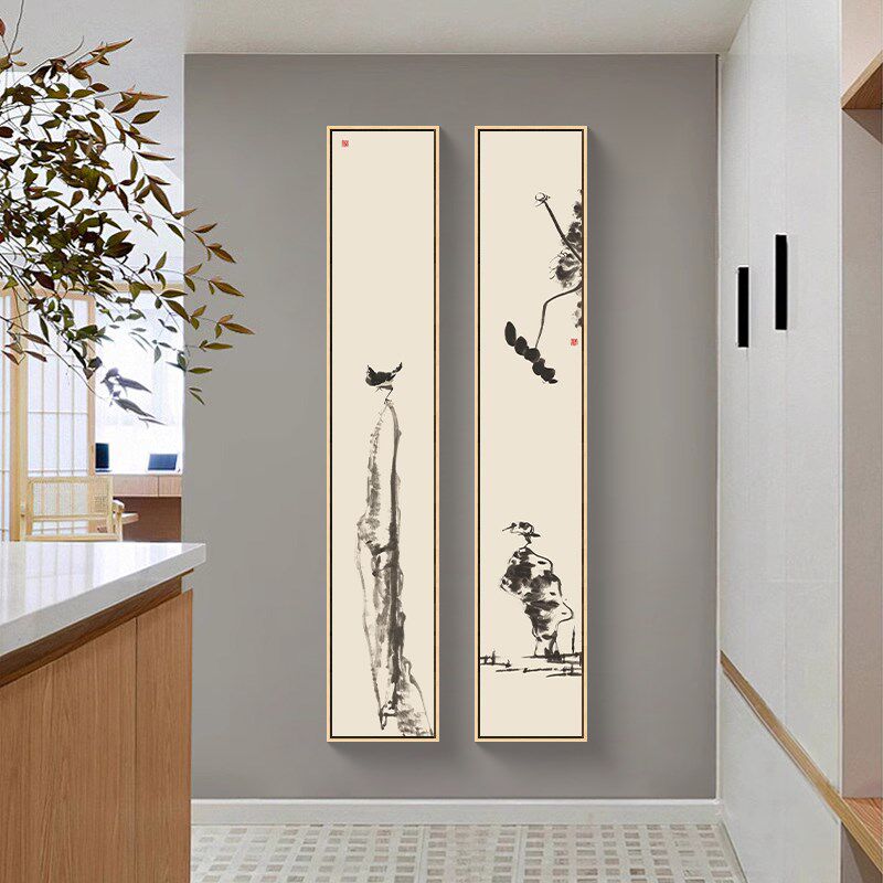 新中式极简窄长条装饰画水墨写意国画竖条屏壁画书房茶室禅意挂画