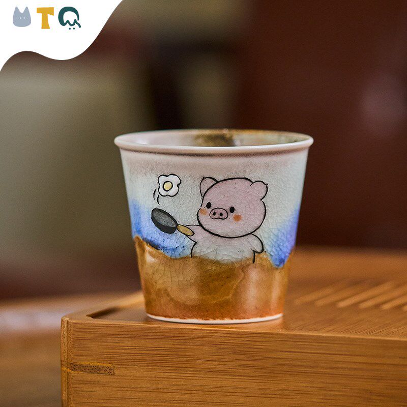 手绘小猪煎蛋茶杯主人杯冬日喝茶景德镇陶瓷茶具可爱直筒品茗杯