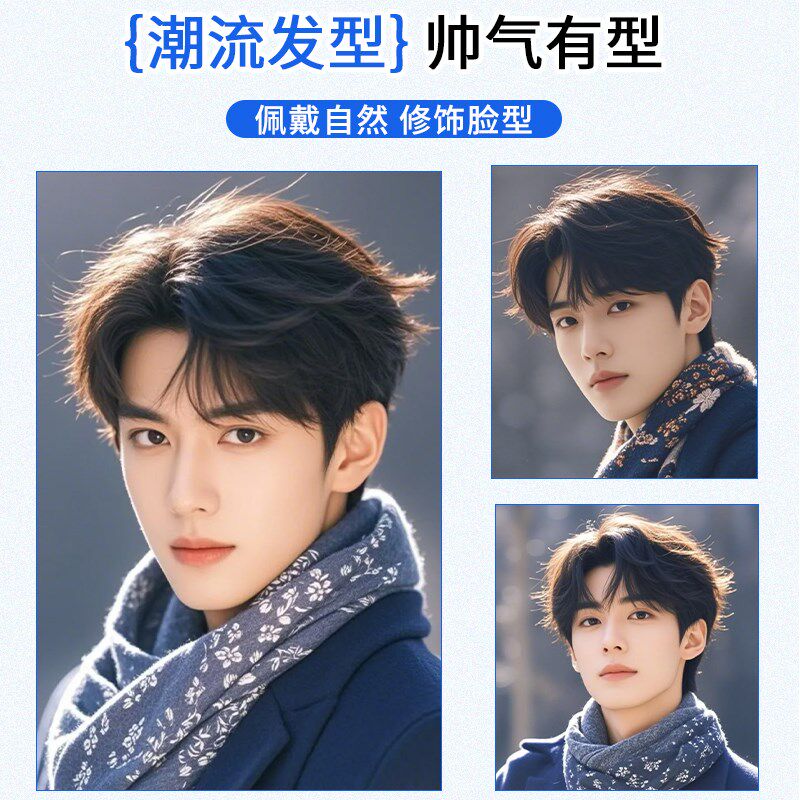 假发男微分纹理全头套式时尚自然全真人发丝遮白发蓬松男士假发套