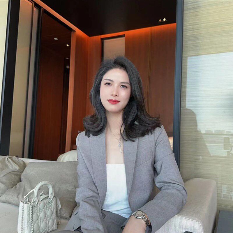 石灰色夏款半里衬西服套装职业单排扣女士西装套装九分裤长袖修身