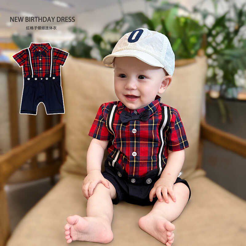 儿童英伦风周岁礼服纯棉领结衬衫短袖男宝宝红格子背带连体衣