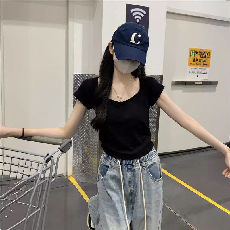 短袖T恤女夏季短款阔腿高腰牛仔裤子搭配什么上衣短装半身裙百搭