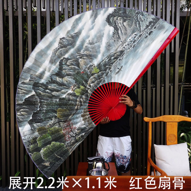 国潮扇子新中式扇客厅沙发背景墙装饰扇山水画大折扇小桥流水人家