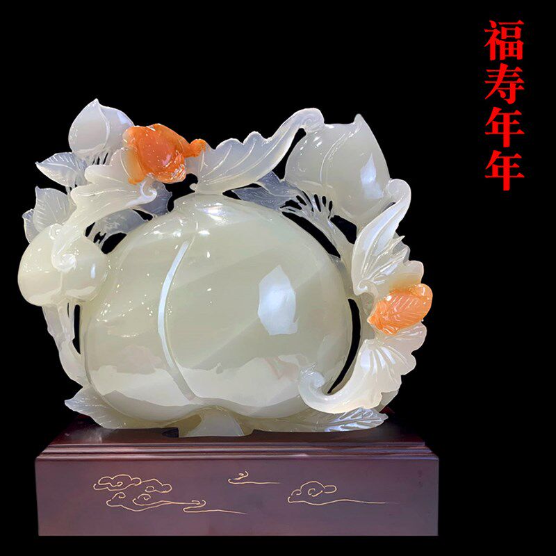 玉石祝寿桃摆件中式家居客厅电视柜玄关装饰工艺摆设老人长辈贺礼