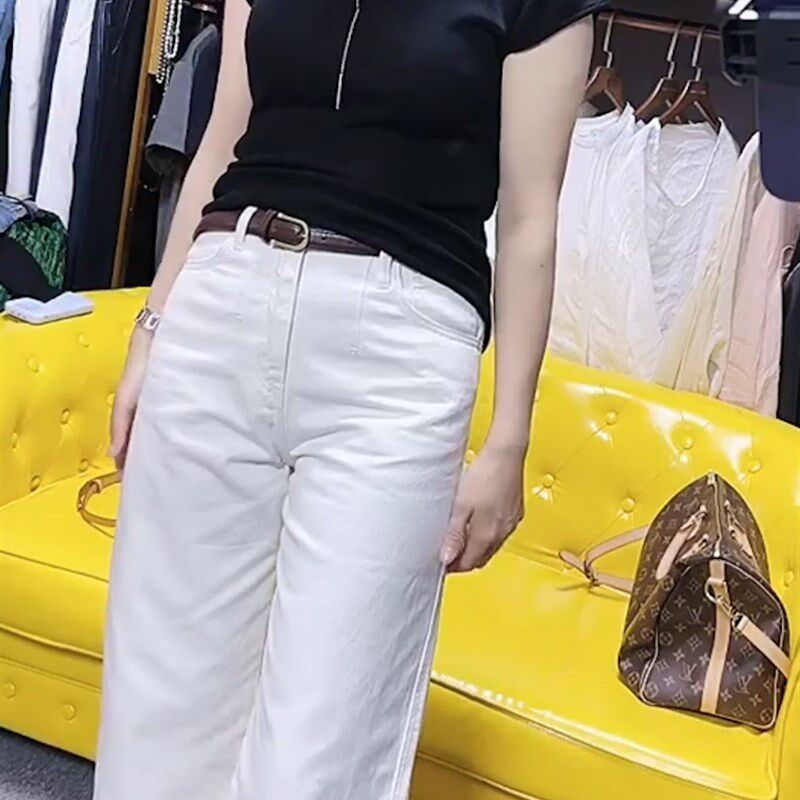 白色八分直筒裤女夏季新款高腰宽松显瘦遮肚垂感小个子阔腿牛仔裤