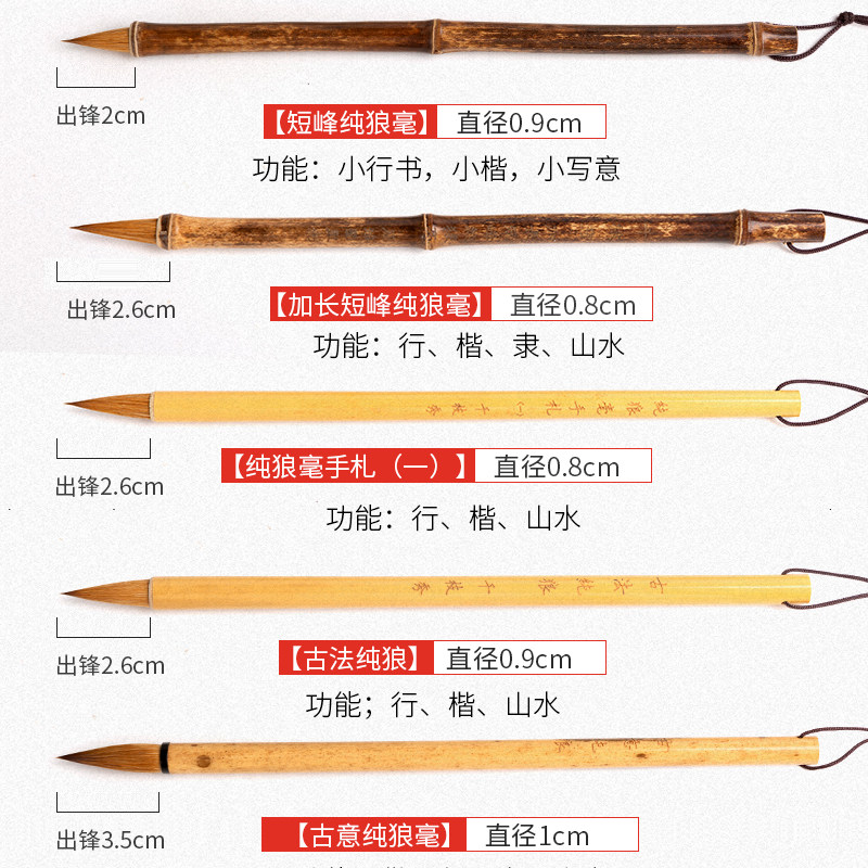千枝秀笔庄纯狼毫毛笔套装书法练习笔短峰纯狼毫中楷中号行书笔