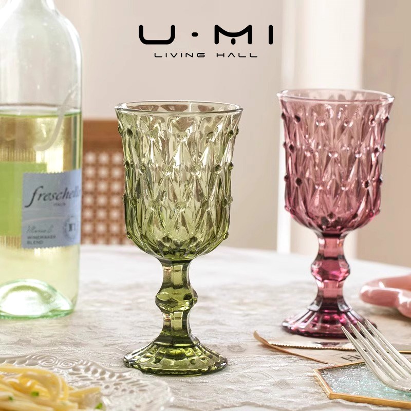 U Mi LIVING格珠 酒具中古风欧式复古浮雕高脚杯玻璃葡萄酒杯
